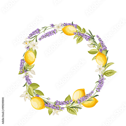 Lavender and lemon wreath on white background