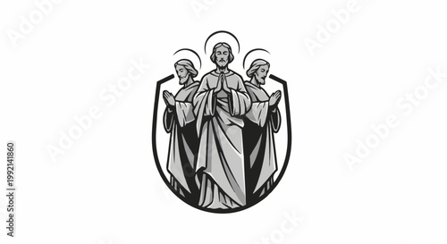 Three figures with halos and praying hands within a shield outline