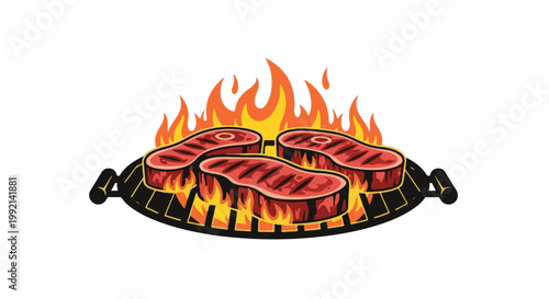 Three juicy steaks grilling over hot flames on a barbecue rack