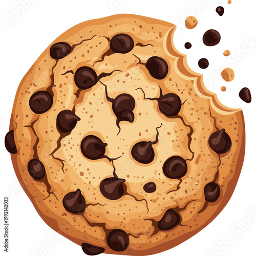 A delicious chocolate chip cookie with a bite taken showing melted chocolate chips on a plate.
