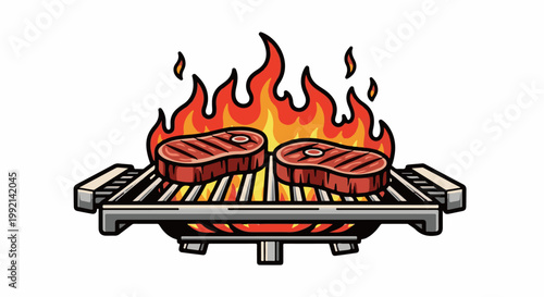 Two steaks grilling over a vibrant fire on a metal rack
