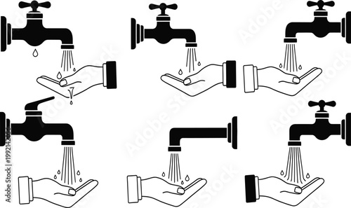 Collection of black and white water tap icons with varying perspectives and hand illustrations