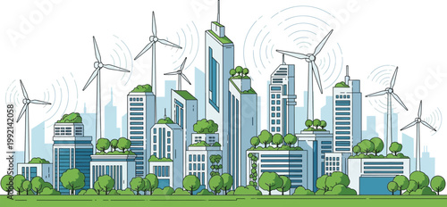 Modern city skyline features green buildings and wind turbines symbolizing renewable energy and urban sustainability initiatives.