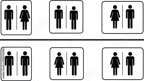 Six black and white restroom signage pictograms depicting male and female figures in rectangular frames