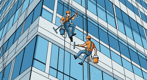 Two window cleaners suspended by ropes clean a modern glass building