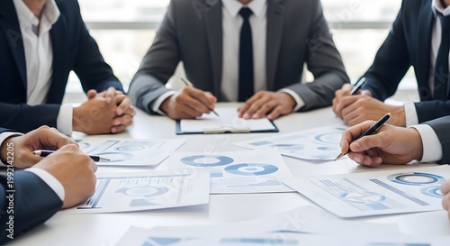 Business team analyzing financial charts during strategic meeting in bright office