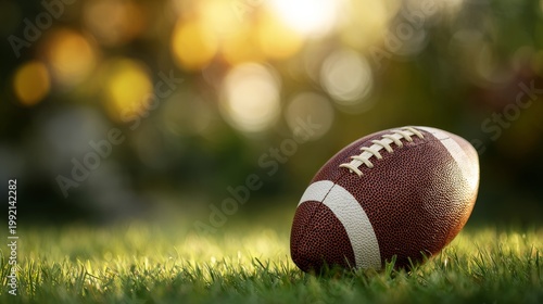 American football ball resting on green grass outdoors with soft bokeh background.
