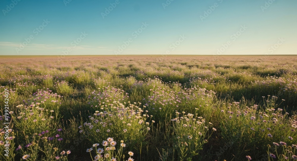 Fototapeta premium Vast field of wildflowers under a clear sky