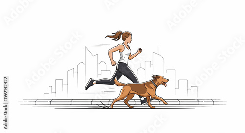 Woman and dog running together in a stylized city park