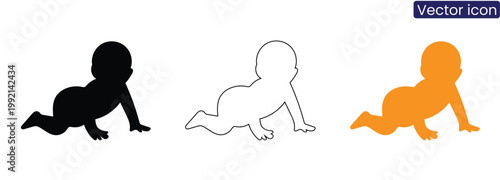 Crawling baby silhouettes in black, White and orange on white background