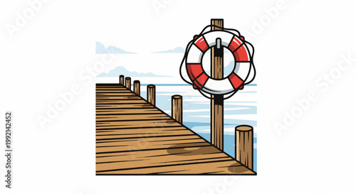 Wooden dock extends to calm water with a life preserver attached to a post