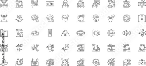 Precision agriculture software development and industrial robotics line icons