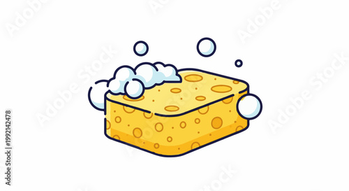 Yellow cleaning sponge with soap bubbles, isolated on white