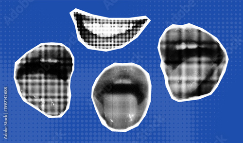 Halftone effect lips and mouth art collage set. Various female mouths cut out from newspaper in retro collage style. Modern retro mixed media. 