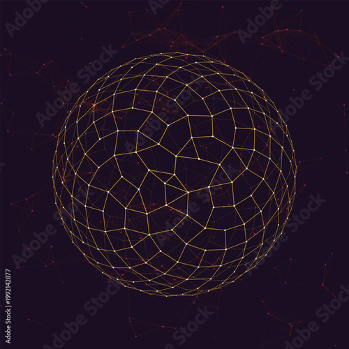 Golden Sphere of Networks: An intricate golden network encapsulates the form of a sphere, representing interconnected systems and data in a visually stunning display of modern technology.