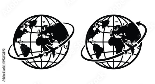 Two globes with airplanes circling representing global travel silhouette