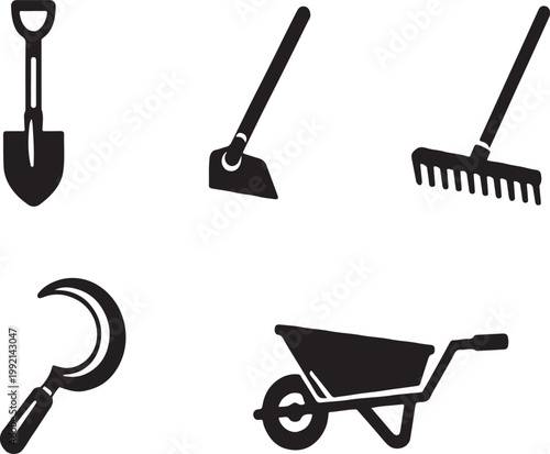 Black silhouettes of common gardening tools on a white background.