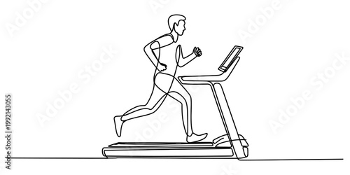 Single line drawing of a man running on a treadmill for a healthy lifestyle and fitness. Vector, illustration