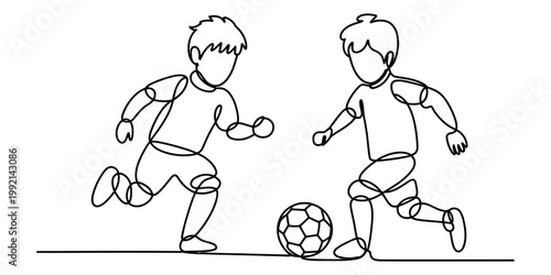 A simplistic and minimal continuous line art illustration showing two young boys actively playing a competitive game of soccer on a flat surface with a ball, captured in a clean black and white style.