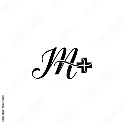 Stylized letter M logo combined with a medical cross, perfect for a pharmacy or medical clinic on isolated white background.