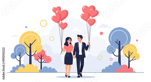 Couple Holding Heart Balloons in Stylized Park