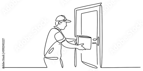 Continuous line drawing of a delivery man holding a cardboard box in front of a house door Vector, illustration