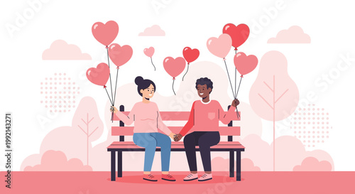 Couple Holding Heart Balloons Sitting on Bench, Love and Romance Illustration