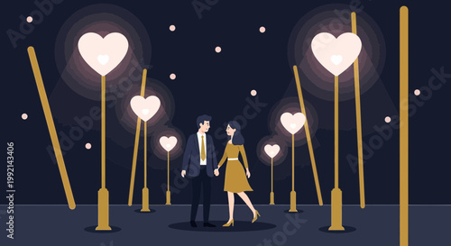 Couple holding hands under heart-shaped streetlights at night, romantic illustration