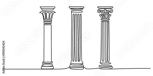 A minimalist black and white line art illustration featuring three distinct classical architectural columns standing together in a row as a representation of historic building design and structural st