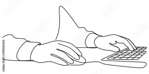 Continuous line drawing of hands using a computer mouse and keyboard for office work Vector, illustration