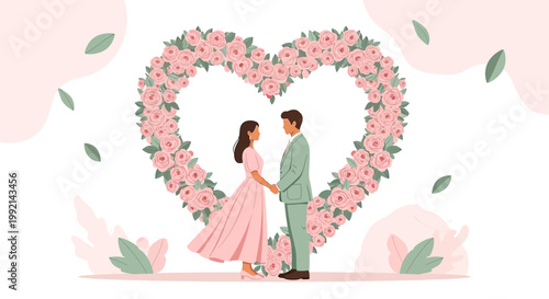 Couple Holding Hands Under Pink Floral Heart Arch, Wedding Romance Illustration