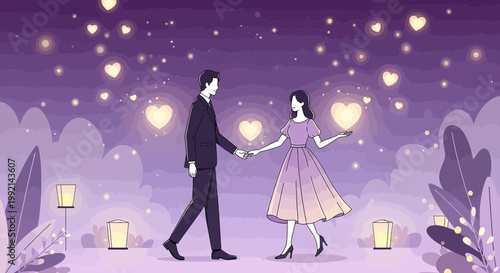 Couple Holding Hands Under Romantic Heart Lights