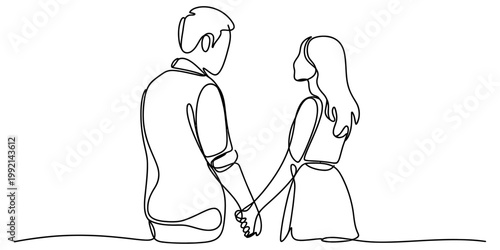 Continuous line drawing of a romantic couple holding hands and looking at each other. Vector, illustration