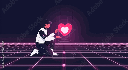 Man holding glowing heart in futuristic digital grid, love, technology, connection, abstract background
