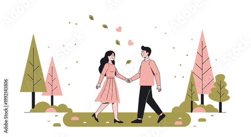 Couple Holding Hands Walking in Park with Hearts and Leaves