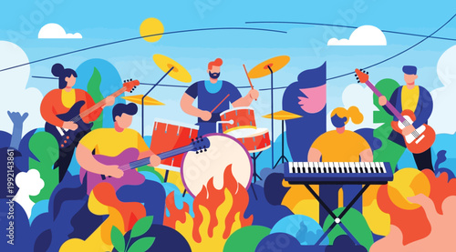 Musical band performing live on stage, colorful flat vector illustration