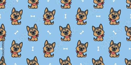 Seamless pattern of cute kawaii german shepherd with a scarf sitting cartoon, vector illustration