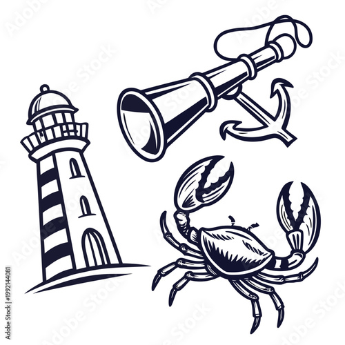 A nautical-themed vector graphic featuring a lighthouse, anchor, and crab
