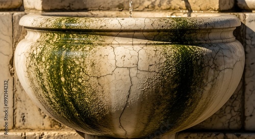 Antique stone water fountain with moss-covered basin in historic courtyard