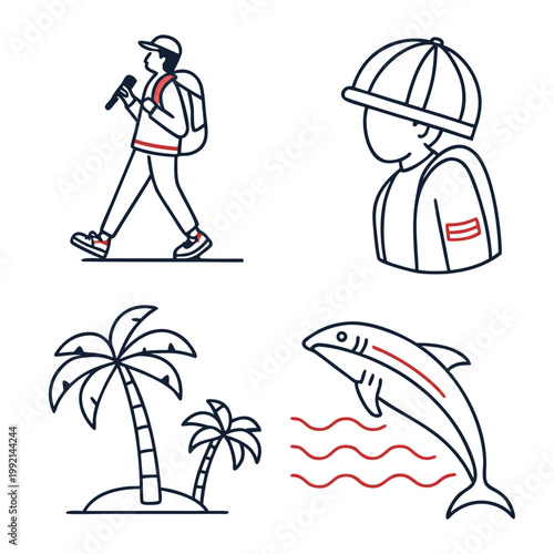 A vector graphic illustration of a tourist with a backpack and a map walking towards a tropical island with palm trees and a dolphin swimming in the ocean