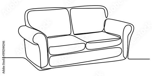 Continuous line drawing of a comfortable two-seater sofa couch on a white background Vector, illustration