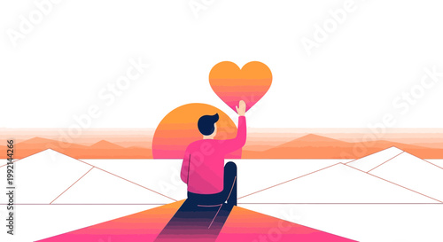 Man Holding Gradient Heart Above Head at Sunrise, Symbolizing Love, Hope, and New Beginnings