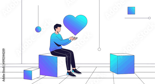 Man Holding Gradient Heart Above Phone, Abstract Geometric Shapes, Digital Love Concept