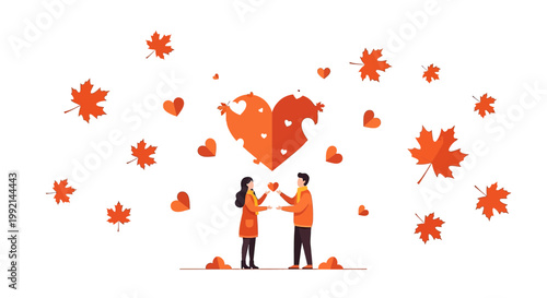 Couple holding hands with heart and autumn leaves illustration