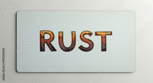 A close-up of a rusty metal sign on a plain background