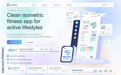 Isometric fitness app landing page with mobile dashboard, smartwatch widget, workout charts, wellness metrics, and pastel interface cards.