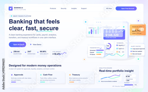 Canvas Print Modern banking landing page dashboard with portfolio charts, payment cards, tran