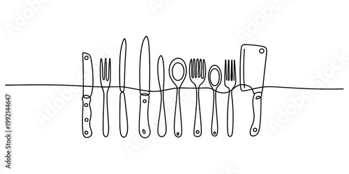 Minimalist black and white continuous line art of kitchen cutlery set and various cooking tools Vector, illustration