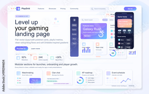 Foto Gaming landing page interface with dashboard panels, smartphone app mockup, leaderboard cards, squad metrics, and pastel gradient design