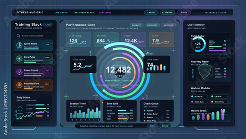Futuristic fitness dashboard interface with neon telemetry charts, workout modules, recovery metrics, and circular activity rings on dark background